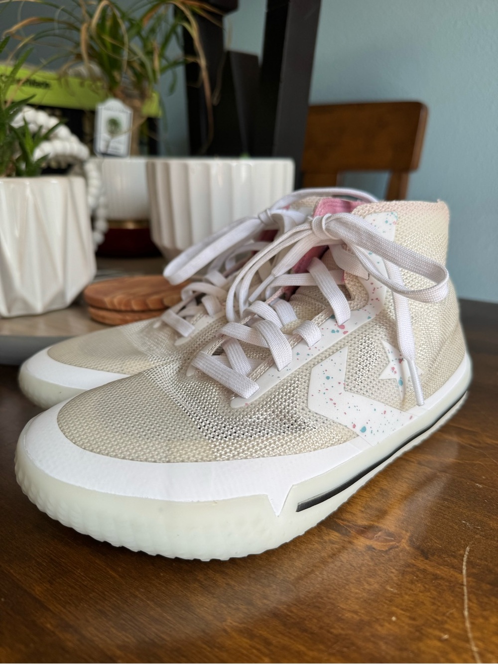 Light Cream High-Top Mesh Sneakers with Pink Accent